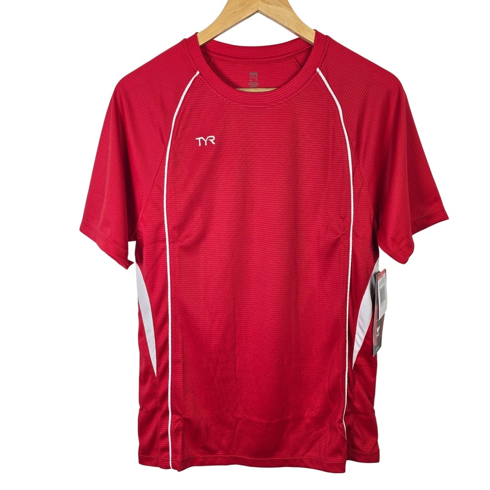 TYR Mens Red White Athletic Tech Tee Shirt Size S Short‎ Sleeve Polyester